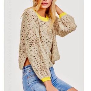 Free People Runaway Crochet Beige Yellow Balloon Sleeve Sweater Size S